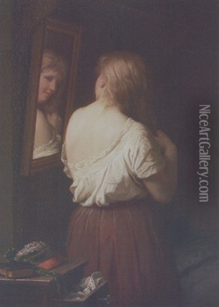 Ein Junges Madchen Steht Lachelnd Vor Einem Spiegel Oil Painting - Johann Georg Meyer von Bremen