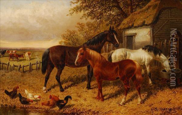 Farmyard Scene With Horses And Poultry Oil Painting - John Frederick Herring Snr