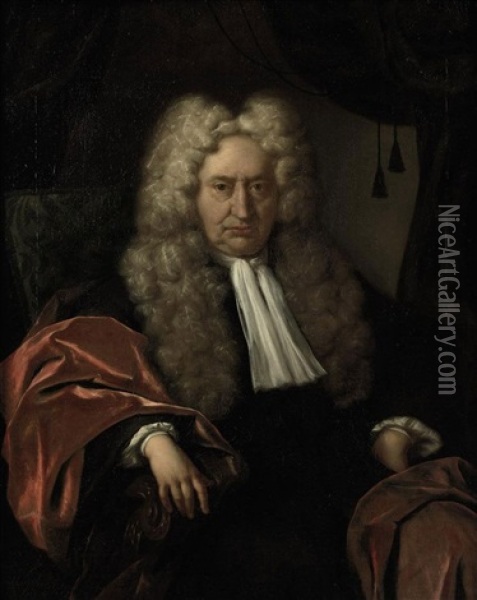 Portrait Of A Gentleman In A Black Costume And A Red Velvet Cloak, Seated In A Chair Oil Painting - Jan Maurits Quinkhardt