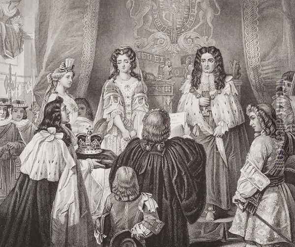 The crown offered to William and Mary by the Lords and Commons at Whitehall, February 12, 1689, from Illustrations of English and Scottish History Volume II Oil Painting - Edgar Melville Ward