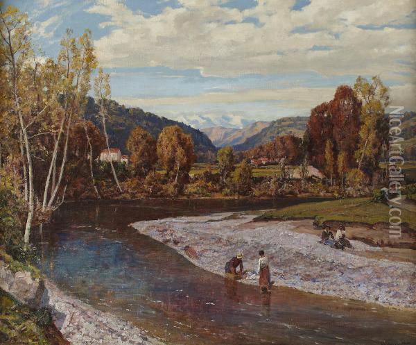 Washerwomen On The Banks Of A River, Italy Oil Painting - Herbert Hughes Stanton
