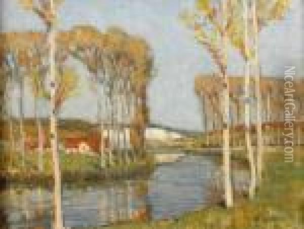 Birch Trees Lining A River, Signed Oil On Board, 27x35cm Oil Painting - Nicolaas Van Der Waay