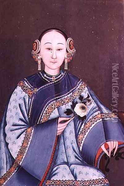 Chinese woman in traditional costume holding a single flower Oil Painting - Anonymous Artist