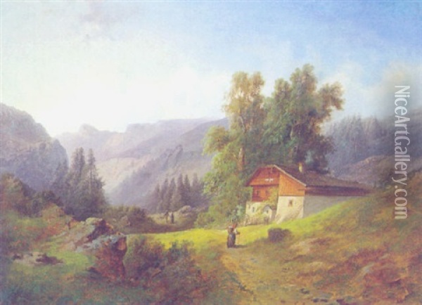 Gebirgslandschaft Mit Figurlicher Staffage Oil Painting - Gustav Barbarini