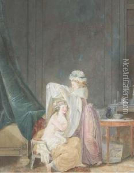Une Servante Aidant Une Femme Assise A S'habiller Dans Une Chambrelouis Xvi Oil Painting - Jean-Baptiste Mallet