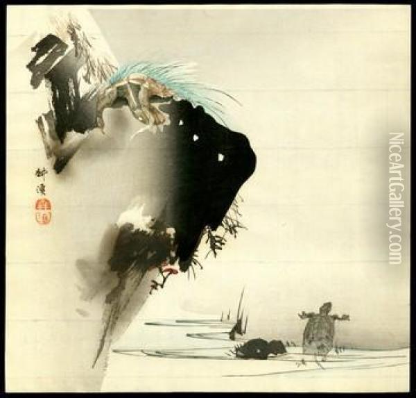 Turtle Beneath A Cliff Oil Painting - Tsukioka Kogyo