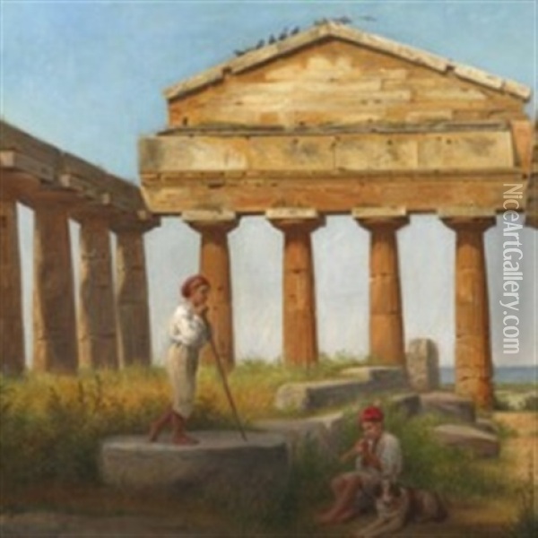 The Temple Of Ceres At Paestum Oil Painting - Constantin (Carl Christian Constantin) Hansen