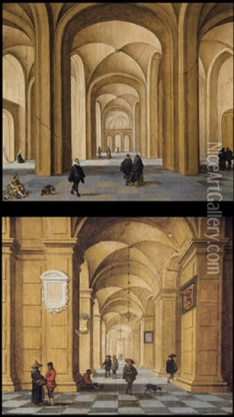Deux Interieurs D'eglises Avec Personnages (2 Works) Oil Painting - Jan van Vucht