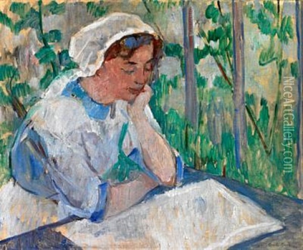 A Reading Girl Oil Painting - Niels Hansen