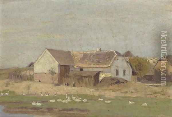 Geese before a farmstead Oil Painting - Eugene Jettel