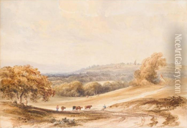 Farmers And Cattle In A Landscape With A Cottage And Windmill Beyond Oil Painting - Anthony Vandyke Copley Fielding