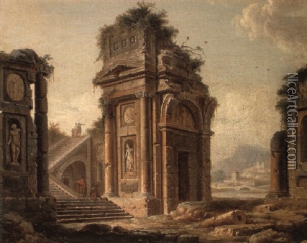 A Capriccio Of Classical Ruins With Figures Conversing On A Staircase Oil Painting - Pietro Fabris