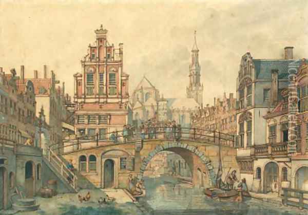 A capriccio view in Utrecht, with a smartlap performer on a bridge Oil Painting - Jan Hendrik Verheijen
