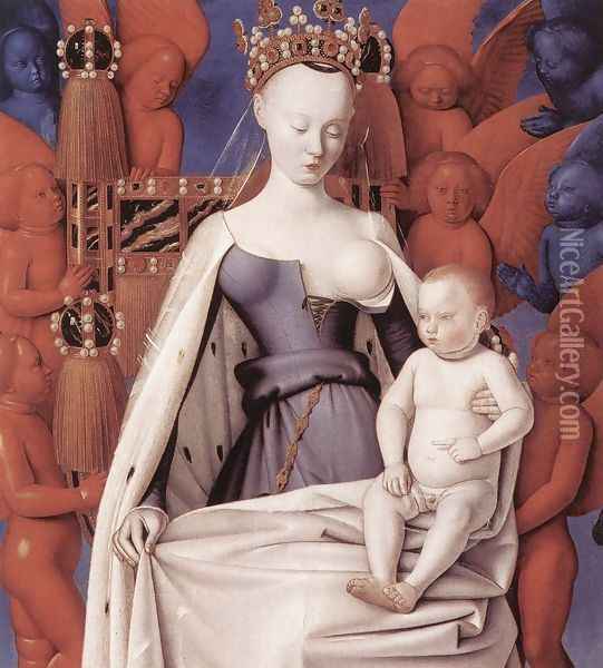 Virgin and Child Surrounded by Angels c. 1450 Oil Painting - Jean Fouquet
