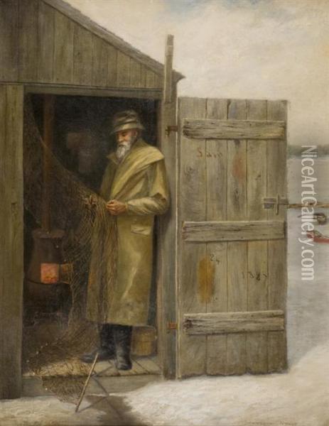 Winter Scene Of A Fisherman In A Wooden Shed Oil Painting - Henry Bosse
