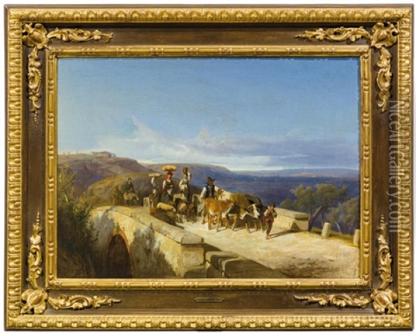 Farmers Crossing A Stone Bridge Oil Painting - Andras Marko