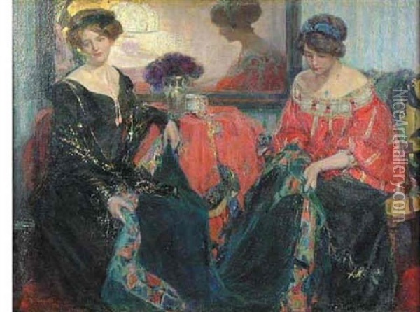 Two Women Seated At An Interior Table Oil Painting - Ulisse Caputo