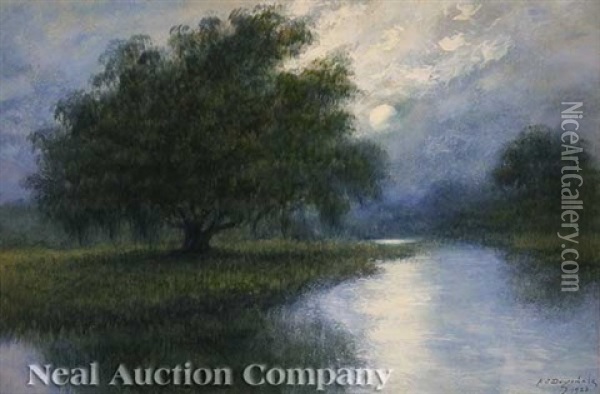 Louisiana Landscape With Sun Reflecting On The Bayou Oil Painting - Alexander John Drysdale