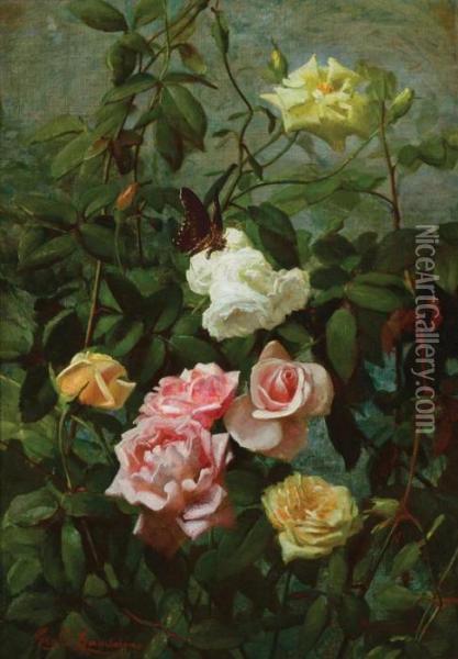 Still Life With Roses And Butterfly Oil Painting - George Cochran Lambdin