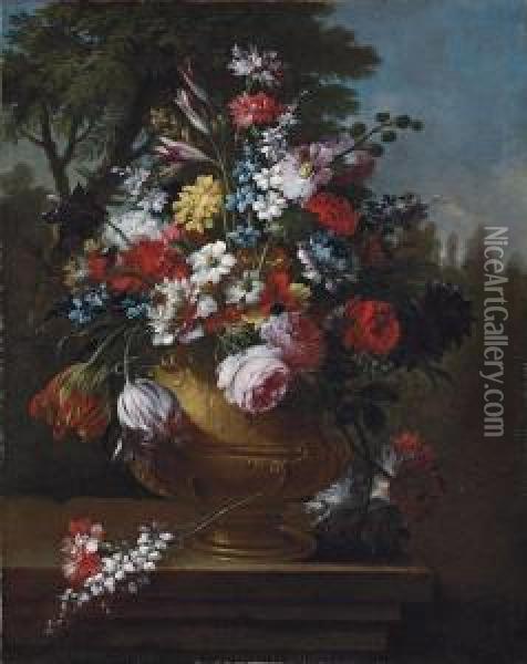 Roses, Tulips, Carnations, 
Chrysanthemums And Other Flowers In Aclassical Urn, On A Ledge Oil Painting - Gasparo Lopez