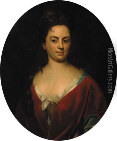 Portrait Of A Lady, Half-length, In A Blue Dress With Red Wrap Oil Painting - Sir Godfrey Kneller