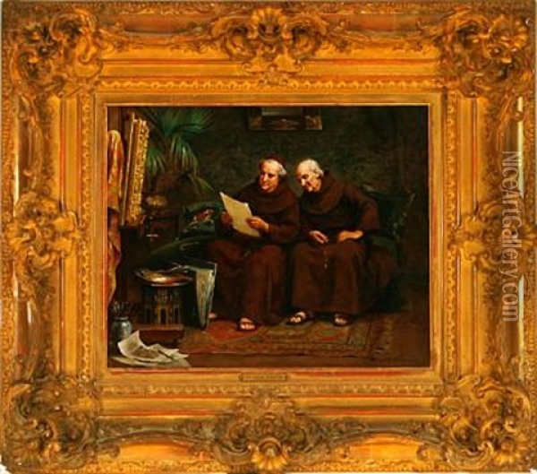 Interior With Two Monks Reading A Document Oil Painting - Charles Baptiste Schreiber