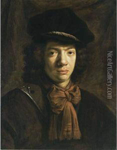 A Portrait Of A Young Man, Bust 
Length, Wearing A Cuirass With A Red Shawl, A Cravat And A Beret Oil Painting - Daniel De Koninck