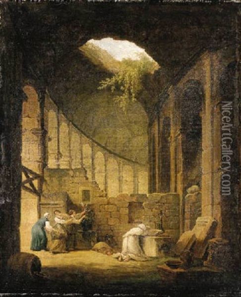 A Hermit Praying Before An Altar In A Ruined Chapel, With Three Women Offering Flowers Oil Painting - Hubert Robert