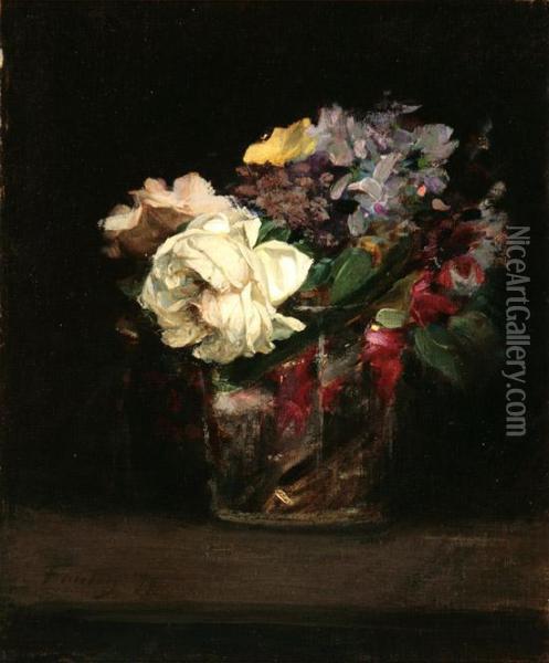 Flowers In A Glass Vase Oil Painting - Ignace Henri Jean Fantin-Latour