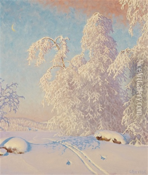 Ski Tracks In Winter Landscape Oil Painting - Gustaf Fjaestad