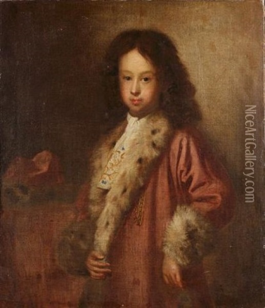 Portrait Of A Young Man In A Pink Fur-trimmed Coat And A White Embroidered Cravat Oil Painting - Sebastiano Bombelli