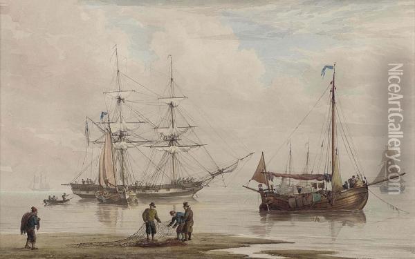 A Trading Brig Amidst Other Shipping At Anchor Offshore Oil Painting - William Joy