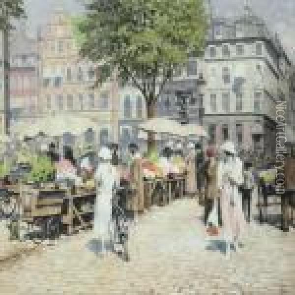 H jbro Plads Set Mod Amagertorv Oil Painting - Paul-Gustave Fischer