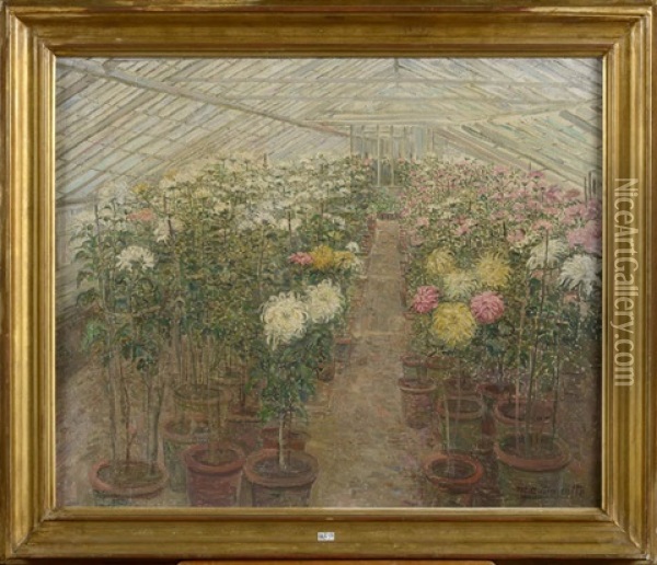 La Serre Aux Chrysanthemes Oil Painting - Marie Antoinette Marcotte