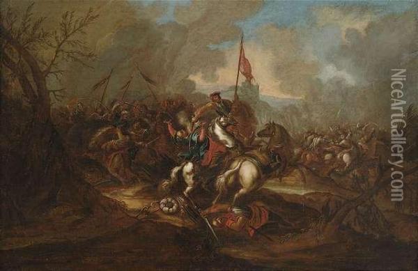 Two Cavalry Skirmishes. Oil Painting - Jan von Huchtenburgh