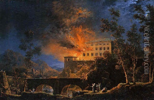 Incendie Au Clair De Lune Oil Painting - Jules Cesar Denis van Loo