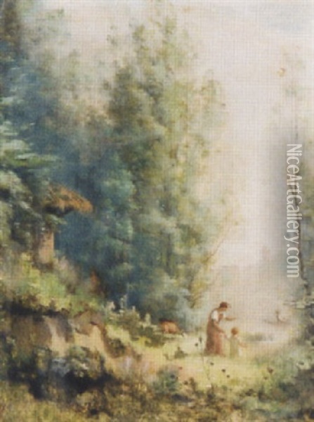 Baumbestandene Landschaft Mit Mutter Und Kind Oil Painting - Jules Louis Badel