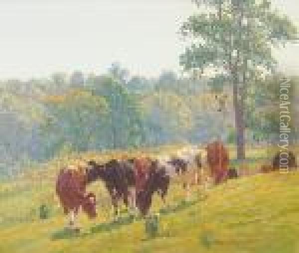 Cattle Grazing At Midday Oil Painting - Edward Charles Volkert