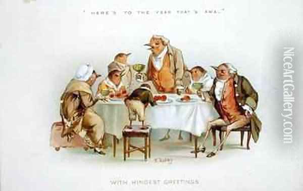 Heres to the year thats awa Victorian Christmas card Oil Painting - R. Dudley