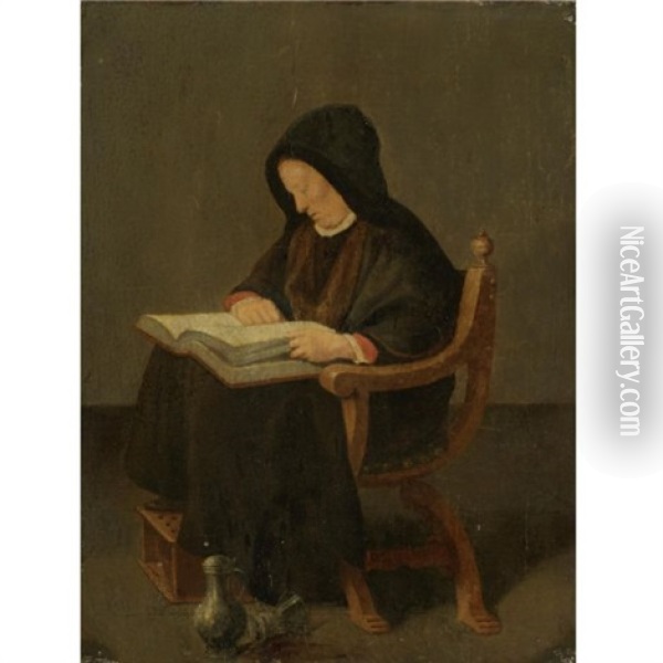 A Seated Woman Reading A Book In An Interior Oil Painting - Quiringh Gerritsz van Brekelenkam