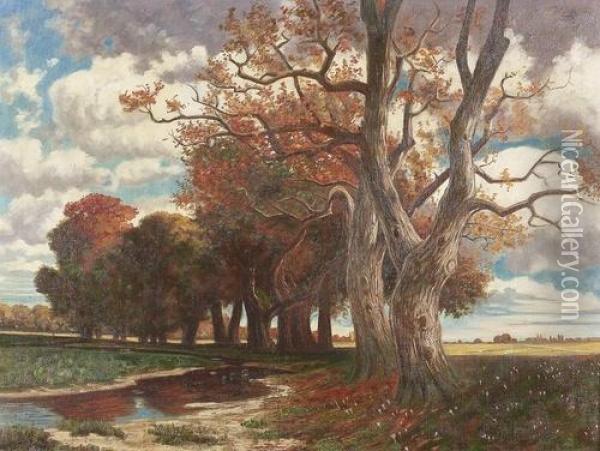 Herbstliche Partie Im Park Mit Baumallee. Oil Painting - Hermann Traugott Rudisuhli