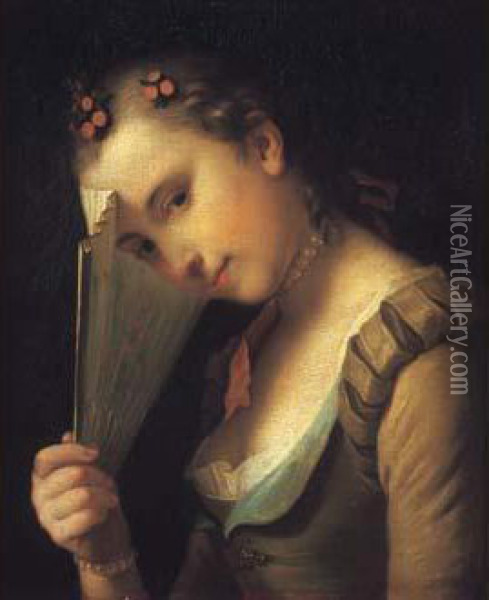 Portrait De Jeune Fille Tenant Un Eventail Oil Painting - Pietro Antonio Rotari