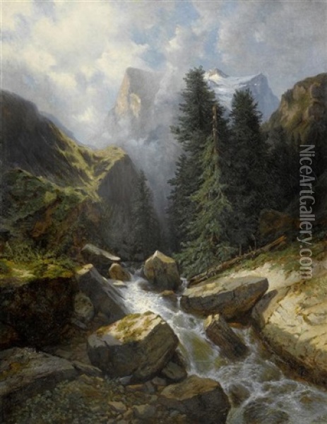 Sicht Auf Das Well- Und Wetterhorn Von Der Rosenlaui Aus Oil Painting - Alexandre Calame