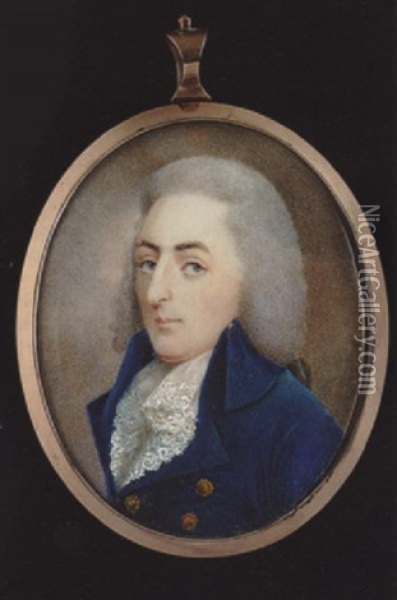 A Gentleman, His Powdered Bag Wig En Queue, Wearing Double-breasted Blue Coat With Gold Buttons And White Lace Cravat Oil Painting - Joseph Pastorini