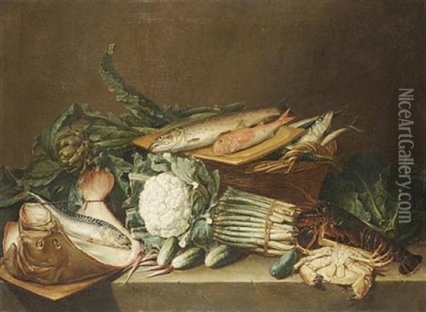 Asparagus, Artichokes, A Cauliflower And Other Vegetables On A Stone Ledge With A Dead Skate, Mackerel, Red Mullet And A Trout Oil Painting - Peter (Pieter Andreas) Rysbrack