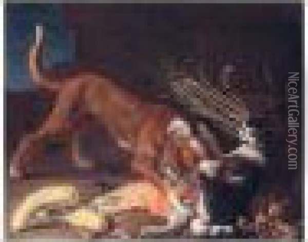 A Dog Attacking A Cat Stealing Meat From A Wicker Basket Oil Painting - Pieter Van Boucle
