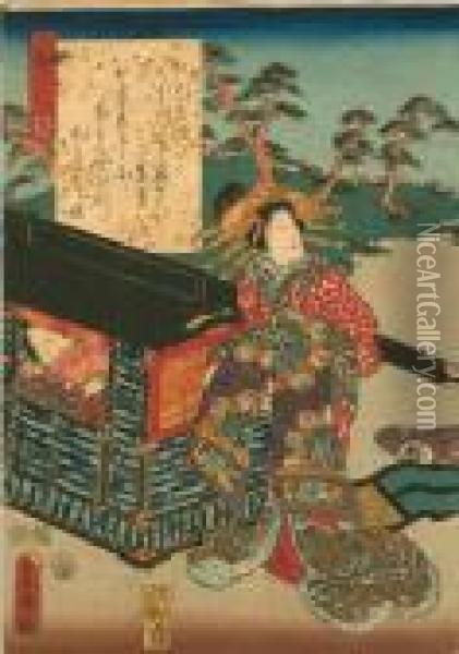 Kurtyzana Stojaca Obok Palankinu (z Cyklu Opowiesci Oksieciu Genji) Oil Painting - Kunisada