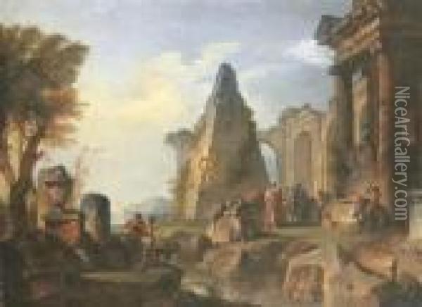 An Architectural Capriccio With Alexander Visiting The Tomb Of Achilles Oil Painting - Giovanni Niccolo Servandoni