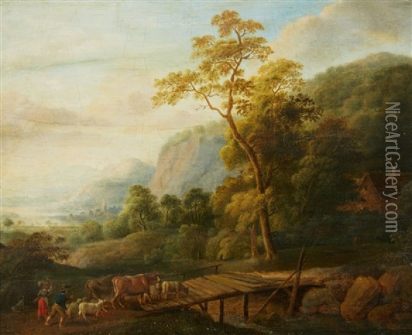 Rhenish Landscape With Cattle Oil Painting - Johann Caspar Schneider
