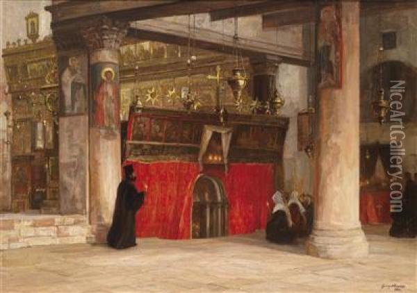 View Ofthe Interior Of The Orthodox Church In Bethlehem Oil Painting - Georg Macco
